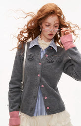 Rose color matching round neck sweater cardigan